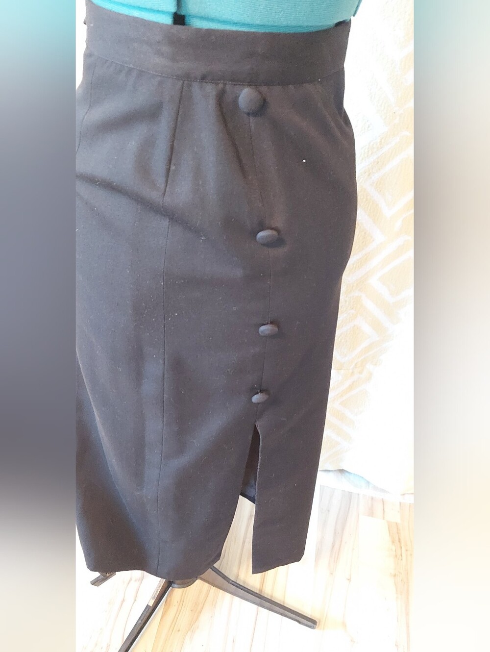 Fully Lined Black Skirt w/Side Slit Button Detail